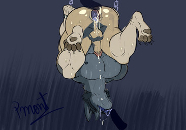 anthro anus bdsm bodily_fluids bondage bound butt chain chained covered_eyes cum cum_in_ass cum_in_mouth cum_inside ejaculation erection feet fellatio genital_fluids genitals group hands_behind_back hands_tied male male/male male_penetrated mature_anthro mature_sub muscular muscular_anthro muscular_male nipples open_mouth oral penetration penile saliva sex sex_slave slave sweat tongue tongue_out trio pinumontbalou echo_(series) echo_project the_smoke_room william_adler canid canine canis coyote mammal absurd_res hi_res