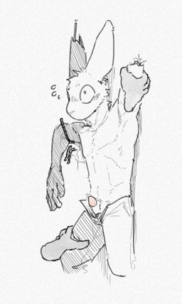 animal_genitalia anthro bdsm bondage bottomwear bound chain chained clothing disembodied_hand duo ears_up fur genitals ghost_hand half-erect male missing_arm pants penis penis_tip pink_penis sheath shirtless shirtless_anthro shirtless_male shocked simple_background solo_focus resrabbutt lagomorph leporid mammal rabbit hi_res