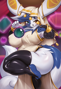 5_fingers 5_toes anthro biped blue_body blue_fur blue_tail blush breasts clothed clothed_anthro clothed_female clothing feet female female_anthro fingers fur glistening glistening_body heterochromia humanoid_feet humanoid_hands legwear multicolored_body multicolored_fur multicolored_tail nipple_outline on_one_leg plantigrade smile solo standing tail thick_thighs thigh_highs toes white_body white_fur white_tail mleonheart nintendo pokemon generation_9_pokemon mega_evolution mega_meowstic pokemon_(species) hi_res