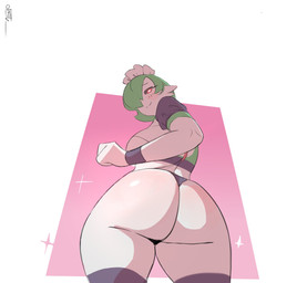 big_breasts big_butt blush breasts butt eyelashes female green_hair hair hair_over_eye heart_eyes heart_symbol looking_at_viewer looking_back looking_back_at_viewer maid_headdress pink_background rear_view red_eyes short_hair simple_background smile solo thick_thighs white_background white_body wide_hips oanju nintendo pokemon gardevoir generation_3_pokemon humanoid pokemon_(species) hi_res