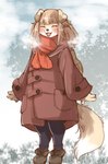 2023 black_clothing black_leggings black_legwear blush blush_lines boots canid canine canis claws clothed clothing coat domestic_dog eyes_closed female floppy_ears fluffy fluffy_tail footwear fully_clothed hi_res kemono leggings legwear mammal open_mouth open_smile pawpads red_clothing red_coat red_topwear setouchi_kurage smile solo standing steam tail topwear trenchcoat