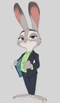 anthro barefoot bottomwear clothed clothing eyebrows feet female fingers fur grey_background grey_body grey_fur looking_at_viewer multicolored_body multicolored_fur pants purple_eyes simple_background solo suit toes topwear thehumancopier disney zootopia judy_hopps lagomorph leporid mammal rabbit 2024 full-length_portrait portrait