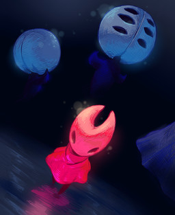 ambiguous_gender anthro biped cloak clothed clothing group hollow_eyes red_cloak red_clothing trio walking sharpski hollow_knight:_silksong hollow_knight_(franchise) team_cherry hornet_(hollow_knight) arachnid arthropod weaver_(hollow_knight) 2026 absurd_res hi_res