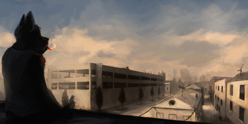 anthro cigarette city cityscape cloud detailed_background holding_object outside plant sky smoking solo tree civetstranj canid canine mammal 2012