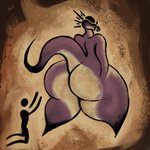 anthro big_butt bubble_butt butt butt_worship cave_painting duo female huge_butt huge_hips huge_thighs kneeling larger_female purple_body size_difference thick_thighs wide_hips worship upai stella_(upai) dinosaur human mammal prehistoric_species reptile scalie 1:1