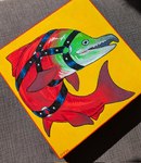 ambiguous_gender bondage_gear feral fin glistening glistening_body sharp_teeth simple_background solo tail teeth yellow_background allorexx fish marine salmon salmonid_(fish) sockeye_salmon acrylic_painting_(artwork) hi_res painting_(artwork) traditional_painting_(artwork)