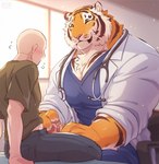 anthro blush clothed clothing duo fur inside large_pecs male male/male medical_instrument muscular muscular_anthro muscular_male pawpads pecs scientific_instrument size_difference striped_body striped_fur stripes giraffe_(artist) lam-chan felid human mammal pantherine tiger hi_res