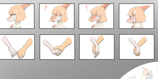 anthro biped blonde_eyebrows blonde_hair blush bow_tie clothing cutaway duo embarrassed exclamation_point eyebrows eyewear female fingers glasses gradient_background green_eyes grey_background hair hand_holding hand_on_wall human_on_anthro interlocked_fingers interspecies looking_down looking_forward male male/female medium_hair motion_blur multicolored_body multicolored_scales nervous open_mouth orange_body orange_scales pink_eyewear pink_glasses question_mark raised_inner_eyebrows red_bow_tie romantic scales shirt side_view simple_background spiked_tail spikes spikes_(anatomy) squiggle_mouth surprised tail tail_motion tailwag topwear two_tone_body two_tone_scales white_body white_clothing white_scales white_shirt white_topwear wide_eyed ratherdevious cavemanon_studios goodbye_volcano_high ko_op_(game_developer) snoot_game anon_(snoot_game) naomi_(gvh) dinosaur hadrosaurid human mammal ornithischian ornithopod parasaurolophus prehistoric_species reptile scalie absurd_res colored hi_res sequence