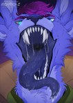 ambiguous_gender anthro blue_body blue_eyes blue_fur blue_tongue bodily_fluids cheek_tuft clothed clothing drooling facial_tuft fangs front_view fur hair looking_at_viewer mouth_shot neck_tuft open_mouth purple_hair saliva saliva_on_tongue saliva_string sharp_teeth short_hair solo teeth text tongue tuft uvula santanahoffman artist_name bust_portrait hi_res portrait