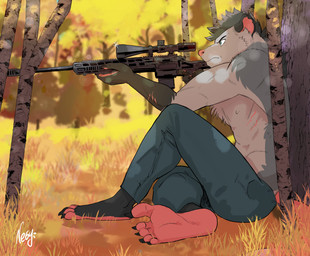 5_toes aiming_gun aiming_rifle aiming_weapon anthro arm_scar army autumn autumn_leaves barefoot biceps big_muscles blue_bottomwear blue_clothing blue_jeans blue_pants bottomwear chest_scar claws clothed clothing denim denim_bottomwear denim_clothing feet foot_fetish foot_focus forest forest_background fur grass green_eyes grey_body grey_fur gun holding_gun holding_object holding_ranged_weapon holding_rifle holding_weapon humanoid_feet jeans leaning leaning_backward leaning_on_tree lens_flare male manly military muscular muscular_anthro muscular_male nature nature_background outside pants plant plantigrade ranged_weapon rifle scar side_scar sitting sitting_on_ground sniper sniper_rifle soldier solo tail thick_arms toe_claws toes topless topless_anthro topless_male tree warrior weapon negy dimitri_khandov american_opossum mammal marsupial virginia_opossum hi_res