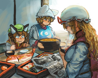 :3 big_breasts blonde_hair blush bonnet bowl breasts brown_hair cat_smile chopsticks clothing container dress eating female fish_meat food furniture green_bonnet green_clothing green_headwear green_mobcap group hair headgear headwear holding_bowl holding_chopsticks holding_container holding_object meat mobcap newspaper noodles plate red_clothing red_eyes red_topwear red_vest shirt steam tabard table tofu_(food) topwear trio vest white_clothing white_dress white_shirt white_topwear yellow_eyes chanta touhou chen_(touhou) ran_yakumo yukari_yakumo animal_humanoid cat_humanoid felid felid_humanoid feline feline_humanoid human humanoid mammal mammal_humanoid 5:4