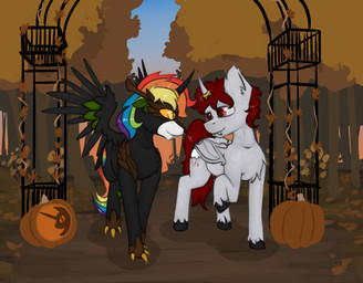 autumn bat_wings claws cutie_mark detailed_background duo eye_contact fangs food fruit hair holidays hooves horn horn_jewelry horn_ring jewelry leaf looking_at_another male male/male married membrane_(anatomy) membranous_wings multicolored_hair multicolored_tail outside plant pumpkin rainbow_hair rainbow_tail red_eyes red_hair ring_(jewelry) sunset tail teeth tree wedding wings yellow_eyes marsminer halloween hasbro my_little_pony mythology cloudburst fan_character rainbow_heart_(character) equid equine mammal mythological_creature mythological_equine winged_unicorn 2017 hi_res