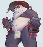 anthro asian_clothing asian_conical_hat barazoku belly bracelet bulge clothed clothing east_asian_clothing eyewear fundoshi fur glasses hat headgear headwear japanese_clothing jewelry male multicolored_body multicolored_fur navel nipples overweight overweight_male pantsless pantsless_anthro pantsless_male smile solo spiked_bracelet spikes standing topless topless_anthro topless_male underwear toicobis mihoyo zenless_zone_zero pan_yin_hu bear giant_panda mammal 2025 absurd_res hi_res