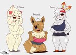 anthro big_breasts bottomwear breasts cleavage clothed clothing crop_top female food food_hair group linx_art midriff pseudo_hair shirt short_stack shorts topwear trio lynx_art nintendo pokemon alcremie eevee generation_1_pokemon generation_8_pokemon pokemon_(species) scorbunny strawberry_sweet_alcremie vanilla_cream_alcremie hi_res