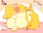 anthro anus balls belly big_belly blush bodily_fluids butt feet flaccid genitals humanoid_hands kemono male micropenis musk overweight overweight_male penis small_penis solo sweat text 0119_muu minichin_chubby_day canid canine fox mammal 2022 japanese_text