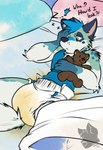 anthro bed bedding bedwetting blue_body blue_fur bodily_fluids clothed clothing diaper fur furniture genital_fluids green_body green_eyes green_fur holding_object holding_plushie leaking_diaper lying male on_back pillow plushie shirt solo text tired topwear unclean_diaper urine used_diaper wearing_diaper wet_diaper wetting white_body white_fur tenshokaiser canid canine mammal english_text hi_res