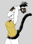 anthro big_breasts black_bottomwear black_clothing black_skirt bottomwear breasts clothed clothing female fully_clothed grey_background kemono miniskirt open_mouth raised_arm school_uniform shirt simple_background skirt snout solo standing stretching topwear uniform whiskers pororikin felid feline mammal 2018 hi_res