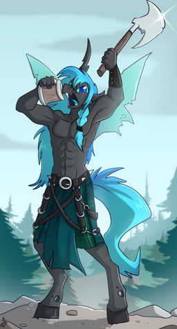 abs anthro anthrofied armor axe back_wings biceps biped blue_eyes blue_hair bottomwear braided_hair clothed clothing container cup day evergreen_tree eye_scar facial_scar fangs forest front_view hair holding_axe holding_container holding_cup holding_mug holding_object hooves horn insect_wings long_hair looking_at_viewer male mug muscular muscular_male outside pecs pine_tree plant scar skirt solo teeth topless topless_male tree unguligrade vambrace wings fuf friendship_is_magic hasbro my_little_pony mythology kryostasis_(oc) changeling equid equine mammal mythological_creature mythological_equine unicorn 2019 hi_res