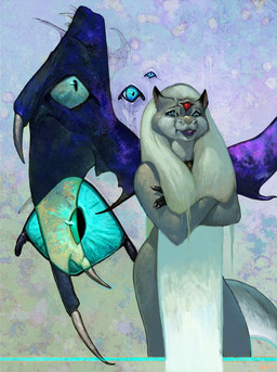 abstract_background anthro blue_eyes crossed_arms female fur grey_body grey_fur looking_up membrane_(anatomy) membranous_wings multi_eye nude red_sclera solo tail wings anthony_scott_waters bureau_of_mana_investigation mammal 2004 traditional_media_(artwork)