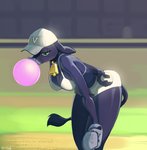 ball baseball_(ball) baseball_(sport) baseball_field baseball_glove blowing_bubble_gum breasts bubble bubble_gum candy clothed clothing collar cowbell dessert female food fur green_eyes gum hat headgear headwear inflating outside purple_body purple_fur skimpy solo sport tail tail_tuft tuft feliscede void_(feliscede) bovid bovine cattle mammal digital_media_(artwork) shaded