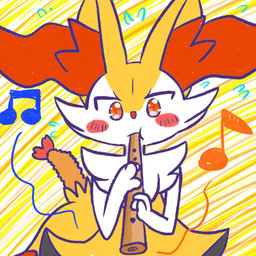ambiguous_anthro ambiguous_gender anthro biped blush blush_stickers bodily_fluids dipstick_tail flying_sweatdrops food front_view markings musical_instrument musical_note musical_symbol object_in_tail playing_music puffed_cheeks recorder_(musical_instrument) shrimp_(food) simple_background solo standing sweat sweatdrop symbol tail tail_markings wind_instrument woodwind_instrument annyui0611 nintendo pokemon braixen canid generation_6_pokemon mammal pokemon_(species) 1:1 2024 digital_drawing_(artwork) digital_media_(artwork) half-length_portrait hi_res japanese_description portrait translated_description