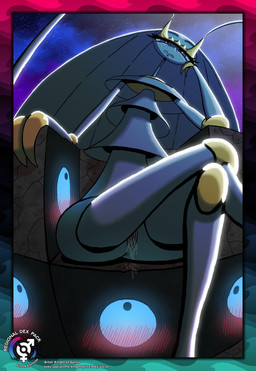 2_fingers ambiguous_gender antennae_(anatomy) anthro anus aroused barely_visible_anus biped blue_sclera blush blush_lines bodily_fluids border chair claws crossed_legs duo eyelashes female finger_claws fingers furniture genital_fluids genitals grimace leaking_vagina looking_at_viewer markings multi_eye nebula night outside pink_vulva pseudo_hair purple_eyes sitting sky star text thin_arms thin_legs thin_neck throne vaginal_fluids vaginal_fluids_on_vulva vulva white_body wide_eyed yellow_markings knight-of-syrinx nintendo pokemon elemental_creature generation_7_pokemon mineral_fauna pheromosa pokemon_(species) stakataka ultra_beast hi_res url watermark
