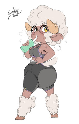 anthro athletic_wear big_diaper blush bodily_fluids bottomwear bra breasts breath brown_body clothed clothing diaper diaper_fetish diaper_peekage diaper_under_clothing drink_in_hand drinking eyelashes eyewear female fur furgonomics glasses hand_on_hip hooves horn looking_back rear_view shorts side_boob simple_background solo spandex spandex_shorts sports_bra sweat tail thick_thighs tight_bottomwear tight_clothing tight_shorts topwear turning turning_around underwear wearing_diaper wool_(fur) wool_hair yellow_eyes sophiepoof june_(lavenderlamb) bovid caprine mammal sheep hi_res signature