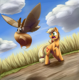 clothing duo female feral flying hat headgear headwear open_mouth outside sky stealing otakuap friendship_is_magic hasbro my_little_pony applejack_(mlp) fluffy_the_bringer_of_darkness arthropod earth_pony equid equine horse insect lepidopteran mammal moth pony 2014 absurd_res hi_res