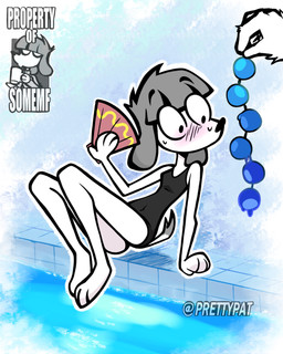 anal_beads anthro biped black_clothing black_nose blush blush_lines bodily_fluids breasts clothing disembodied_hand duo female female_anthro female_focus fur grey_hair hair legs_together narrow_hips one-piece_swimsuit paws pool sex_toy short_hair simple_background sitting slim small_breasts solo_focus surprise sweat sweatdrop swimwear thin_legs thin_thighs toony water white_background white_body white_fur wide_eyed la_tiapat fifi_(somemf) canid canine canis domestic_dog mammal poodle 4:5 absurd_res hi_res
