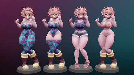 areola black_sclera blue_bottomwear blue_clothing blue_shorts blush boots bottomwear breasts brown_boots brown_clothing brown_footwear choker clothing eyelashes female footwear front_view gradient_background green_background hair horn jewelry legwear looking_at_viewer mask navel necklace nipple_piercing nipples nude off/on pattern_bodysuit pattern_clothing pattern_legwear pattern_leotard pattern_thigh_highs piercing pink_areola pink_body pink_clothing pink_footwear pink_hair pink_nipples pink_shoes purple_background purple_clothing purple_topwear shoes shorts simple_background smiel solo thick_thighs thigh_highs thong_straps topwear vest wide_hips yellow_clothing yellow_eyes yellow_horn yellow_topwear yellow_vest the-great-pipmax my_hero_academia ashido_mina horned_humanoid humanoid 3d_(artwork) absurd_res digital_media_(artwork) hi_res