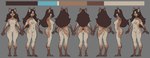 anthro areola blue_eyes breasts brown_hair domestic_cat felid feline felis female from_side fur genitals hair long_hair mammal markings model_sheet multicolored_body navel nipples pink_areola pussy rear_view scarlette_(scarlettedm) siamese slim solo spikedmauler tan_body tan_fur