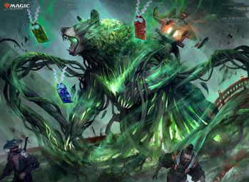 ambiguous_gender beard bridge claws clothing facial_hair feral glowing glowing_eyes glowing_mouth green_body group hat headgear headwear lamp male open_mouth plant size_difference tuan_duong_chu hasbro magic:_the_gathering wizards_of_the_coast bear elemental_creature flora_fauna human mammal spirit 2022 absurd_res hi_res official_art