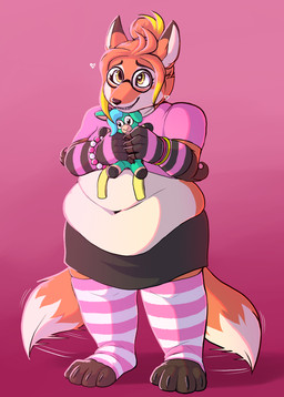 anthro belly big_belly bottomwear bracelet braces clothing eyewear female fingerless_gloves fluffy fluffy_tail fur glasses gloves green_eyes hair handwear heart_symbol jewelry legwear multicolored_body orange_body orange_fur overweight overweight_female plushie ponytail shirt simple_background skirt smile solo standing stockings tail tail_motion tailwag thigh_highs topwear two_tone_body white_body white_fur carameltsi fleet_(dungeons_of_aether) canid canine fox mammal absurd_res hi_res shaded
