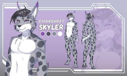 5_fingers anthro black_hair black_pawpads cat_nose claws feet fingers fur grey_body grey_fur hair hindpaw male markings pawpads paws purple_body purple_claws purple_eyes purple_fur purple_markings smile solo spots tail white_body white_fur altaluna skyler_(skylerlynx) canada_lynx felid feline lynx mammal absurd_res hi_res model_sheet