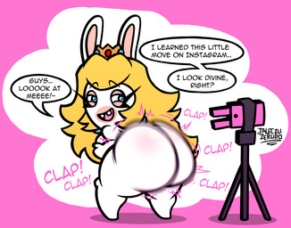 anthro ass_clapping big_butt black_eyebrows blonde_hair blue_ear_piercing blue_eyes breasts buckteeth butt cellphone clap_(sound_effect) crown crown_only curvy_figure dialogue ear_piercing electronics exclamation_point eyebrow_through_hair eyebrows eyelashes featureless_legs female female_anthro fist fur gem hair headgear headgear_only huge_butt huge_thighs long_ears long_eyelashes long_hair looking_at_cellphone looking_at_object looking_at_phone looking_back mitten_hands motion_blur motion_lines multicolored_body narrowed_eyes noseless nude nude_anthro nude_female open_mouth open_smile phone phone_stand piercing pink_background pink_tongue ruby_(gem) sapphire_(gem) simple_background smile solo speech_bubble squint standing tan_body tan_eyelids tan_inner_ear tan_skin teeth text thick_thighs tongue translucent translucent_hair two_tone_body white_body white_fur yelling jaleczu mario_bros mario_plus_rabbids_kingdom_battle nintendo raving_rabbids rayman_(series) ubisoft rabbid_peach lagomorph mammal rabbid 2026 artist_name crossover digital_drawing_(artwork) digital_media_(artwork) english_description english_text full-length_portrait hi_res portrait shaded simple_shading