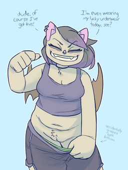 accident accidental_exposure anthro big_breasts black_bottomwear black_clothing black_hair black_shorts blue_background blush blush_lines bottomwear bottomwear_pull breasts chest_tuft choker cleavage clothed clothing clothing_pull crop_top crotch_tuft dark_bottomwear dark_hair dialogue ear_piercing ear_ring eyelashes eyes_closed fangs female female_anthro flashing flashing_pussy genitals gesture green_clothing green_panties green_underwear grin grinning_at_viewer hair hand_gesture highlights_(coloring) jewelry navel necklace panties pants pants_pull panty_pull partially_clothed partially_clothed_anthro partially_clothed_female piercing pointing pointing_at_self purple_clothing purple_highlights purple_topwear ring_piercing shirt short_hair shorts shortstack simple_background slightly_chubby slightly_chubby_anthro slightly_chubby_female smile smiling_at_viewer solo talking_to_viewer tank_top teeth text thick_thighs topwear tuft underwear underwear_pull vulva wide_hips blueregardtwo tasha_(blueregardtwo) bat mammal 3:4 absurd_res english_text hi_res