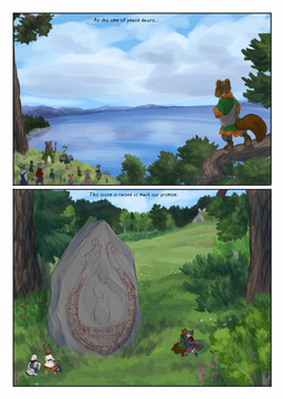 ambiguous_gender anthro biped blue_sky brown_body brown_fur brown_tail clothed clothing cloud day feathers feral fur grey_body grey_fur grey_tail hug narration outside sky tail text water white_body white_feathers young young_ambiguous bjekkergauken ailu_(bjekkergauken) helbme_(bjekkergauken) shirin_(bjekkergauken) unni_(bjekkergauken) arctic_fox avian bird canid canine fox gulonine hare horned_owl lagomorph leporid mammal marten mountain_hare mustelid musteline owl pine_marten snowy_owl true_fox true_owl 2026 colored comic english_text hi_res