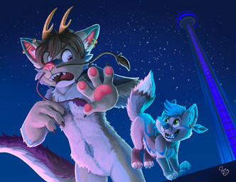 ambiguous_feral ambiguous_gender anthro biped blue_hair blue_markings blue_nose blue_tongue dipstick_tail duo ear_piercing ear_ring fangs feral fur green_eyes grey_body grey_fur hair industrial_piercing logo male male_anthro markings navel nude open_mouth piercing purple_eyes quadruped red_tongue ring_piercing short_hair standing tail tail_markings teeth tongue white_body white_fur young young_anthro young_male pandapaco mythology canid canine dragon furred_dragon furred_scalie mammal mythological_creature mythological_scalie scalie artist_logo signature