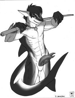 2_penises abs animal_genitalia animal_penis anthro bracelet cue_stick dorsal_fin erection fin genital_slit genitals gills hair hemipenes jewelry looking_at_viewer male multi_genitalia multi_penis muscular penis smile solo standing tail tapering_penis max_blackrabbit aquatic fish shark 2015
