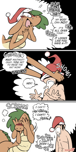 after_sex anthro bedroom bodily_fluids christmas_clothing christmas_headwear clothing cum dialogue duo exclamation_point female genital_fluids hat headgear headwear holidays humor interrobang laugh orange_body orange_scales question_mark santa_hat scales sound_effects tan_body tan_scales text vaginal_fluids shyguy9 christmas mythology ginger_(shyguy9) guy_(shyguy9) dragon human mammal mythological_creature mythological_scalie scalie comic english_text hi_res