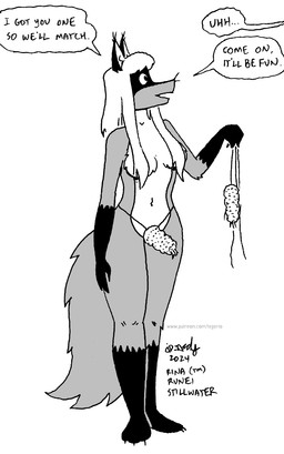 anthro breasts dialogue fetish_gear fur gloves_(marking) gynomorph hair intersex leg_markings markings navel offscreen_character socks_(marking) solo text tegerio rina_(runei) canid canine fox mammal 2024 english_text greyscale hi_res monochrome herm_(lore)