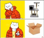 anthro box cardboard cardboard_box cat_tree clothed clothing comparison container eyes_closed frown gesture hand_gesture jacket male open_box open_clothing open_jacket open_topwear pointing shirt smile solo topwear keke_(artist) drakeposting domestic_cat felid feline felis mammal 2021 2d_animation animated frame_by_frame loop meme photography_(artwork) short_playtime