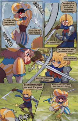 armor buckteeth duo female fight freckled_face freckles looking_at_viewer melee_weapon motion_lines onomatopoeia outside shadow smile sound_effects speech_bubble sword teeth text weapon basedbinkie flayne_(basedbinkie) klara_(basedbinkie) animal_humanoid human humanoid lagomorph lagomorph_humanoid leporid_humanoid mammal mammal_humanoid rabbit_humanoid absurd_res english_text hi_res