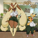 anthro big_breasts blonde_hair bottomwear breasts brown_body clothing duo female fur hair hat headgear headwear larger_female pants shirt size_difference skirt smaller_female text topwear white_body white_fur yellow_body sprigatitoartz nintendo pokemon bridget_(sprigatitoartz) lulu_(sprigatitoartz) generation_1_pokemon generation_4_pokemon lopunny pikachu pokemon_(species) 1:1 english_text hi_res