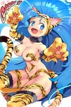 5_fingers blue_eyes blue_hair blush breasts claws female fingers hair long_hair navel open_mouth open_smile simple_background smile text tongue iroyopon capcom darkstalkers felicia_(darkstalkers) animal_humanoid felid felid_humanoid feline feline_humanoid humanoid mammal mammal_humanoid 2022 absurd_res english_text hi_res