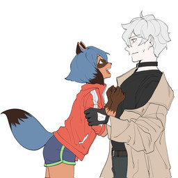 anthro blue_hair bodily_fluids bottomwear clothing coat collar duo female fur gloves hair handwear hug male male/female open_mouth orange_body orange_fur romantic romantic_couple shorts simple_background size_difference standing sweat topwear trenchcoat white_hair mhcmm909 brand_new_animal studio_trigger michiru_kagemori shirou_ogami canid canine human mammal raccoon_dog tanuki 1:1 hi_res