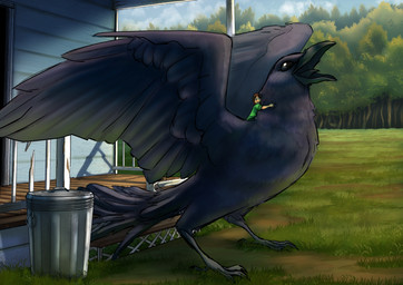 ambiguous_gender beak carrying_another clothing day duo extreme_size_difference feathered_wings feathers fence feral grass green_clothing green_shirt green_topwear happy larger_feral micro open_beak open_mouth outside plant riding shirt side_view size_difference sky smaller_human smile spread_wings standing tail tail_feathers topwear trash_can tree wings territorialrain avian bird corvid corvus_(genus) human mammal oscine passerine raven 2021 absurd_res digital_media_(artwork) digital_painting_(artwork) hi_res painting_(artwork) shaded soft_shading