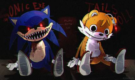 ambiguous_gender antennae_(anatomy) anthro blood bodily_fluids clothing creepy demonic doll duo evil_grin footwear gloves glowing glowing_eyes handwear horror_(theme) male nightmare_fuel plushie red_eyes sharp_teeth shoes sitting smile static stitch_(sewing) teeth text white_clothing white_gloves white_handwear zipper alloween creepypasta sega sonic.exe_(creepypasta) sonic_the_hedgehog_(series) sonic.exe tails_doll canid canine eulipotyphlan fox hedgehog mammal english_text hi_res