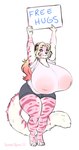 anthro big_breasts blonde_hair blue_eyes breasts brown_nose clothed clothing female fur hair holding_object holding_sign huge_breasts hyper hyper_breasts mouth_closed multicolored_hair nipple_outline pink_body pink_fur pink_hair sign simple_background solo standing striped_arms striped_legs topwear translucent translucent_clothing translucent_topwear two_tone_hair white_background white_body white_clothing white_fur white_topwear tiggybloom marzipan_(spottedtigress) felid mammal pantherine tiger hi_res