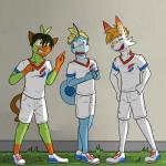 anthro anthrofied bottomwear clothed clothing fully_clothed group male pokemorph shirt shorts soccer_uniform sportswear starter_trio t-shirt topwear trio uniform fuze nintendo pokemon king_(fuze) generation_8_pokemon grookey lagomorph mammal pokemon_(species) primate reptile scalie scorbunny sobble 1:1 2019 hi_res